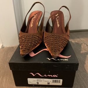 Nina Bronze Slingback Heels with Stone Detail